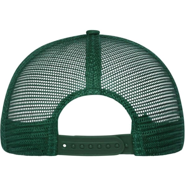A green 6 panel mesh cap featuring a plastic snapback closure and a mesh rear for ventilation.
