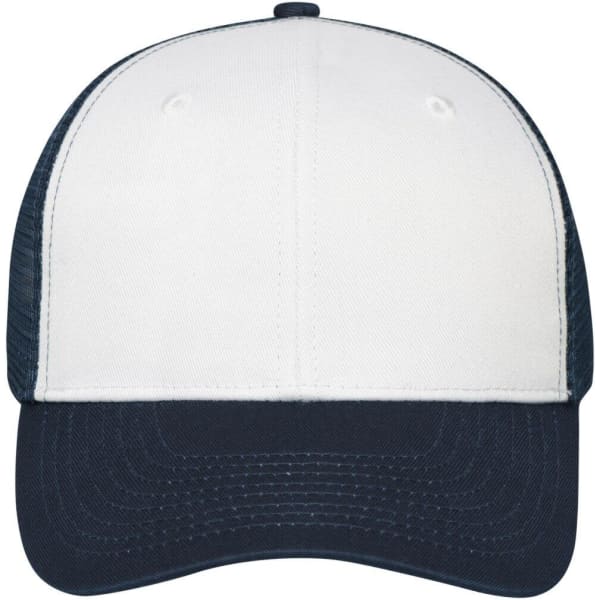 A 6 panel mesh cap in white and navy blue with a logo on the front.