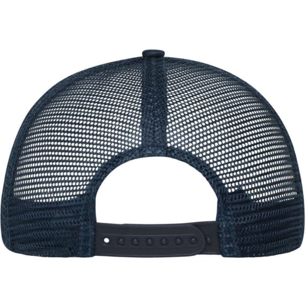 A dark navy blue 6-panel mesh cap with a adjustable strap at the back and a logo on the side.
