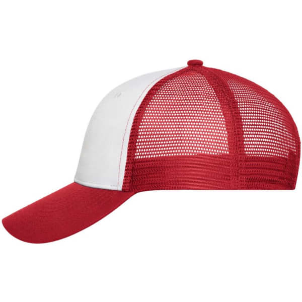 A red and white 6-panel mesh cap featuring a curved brim and a mesh back, with a logo on the front.