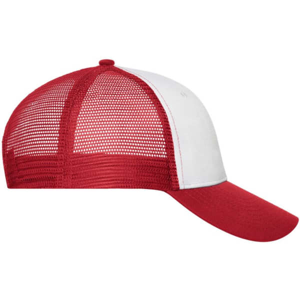 A red and white six-panel mesh cap featuring a mesh back and a curved brim. It includes a logo on the front panel.