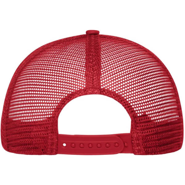 A red 6 panel mesh cap featuring a flexible snapback closure and a breathable mesh design.