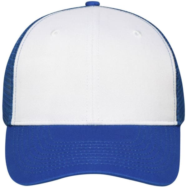 A blue and white 6-panel mesh cap featuring a solid blue peak and white front panels, with a logo on the side.