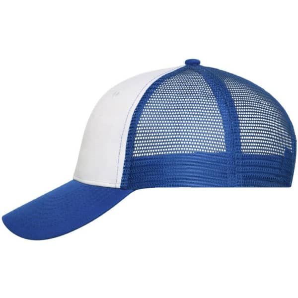 A blue and white 6 panel mesh cap with a solid front and mesh back, featuring a logo.