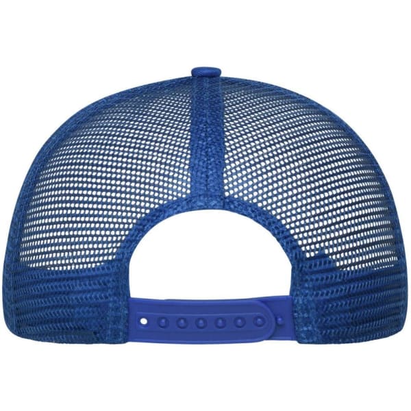 A blue 6 panel mesh cap featuring a structured design and adjustable strap at the back. It includes a logo.