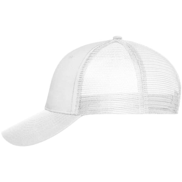 A white 6 panel mesh cap featuring a solid front and mesh back with a curved brim and an adjustable strap.