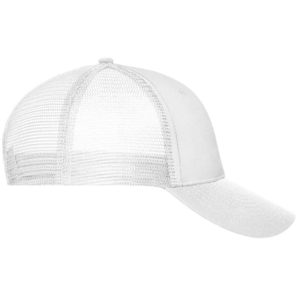 A white 6-panel mesh cap featuring a solid front and mesh back, with a curved brim and a logo.