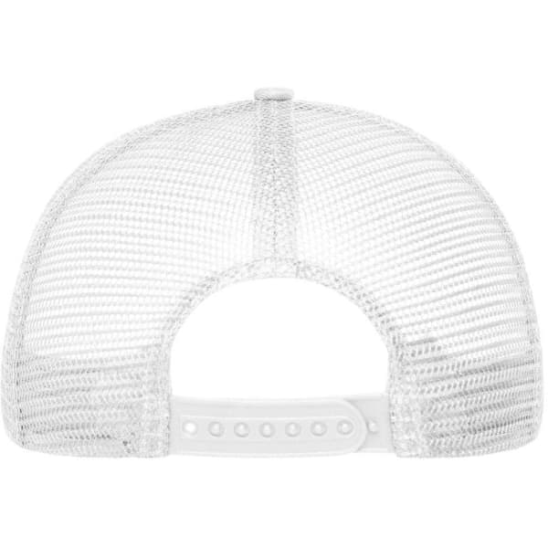 A white 6-panel mesh cap featuring a snapback closure and mesh back. It includes a logo on the side.