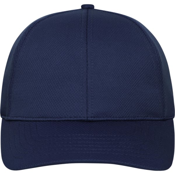 A navy 6 Panel Sports Cap featuring a structured design and a smooth front panel. It includes a logo on the side.