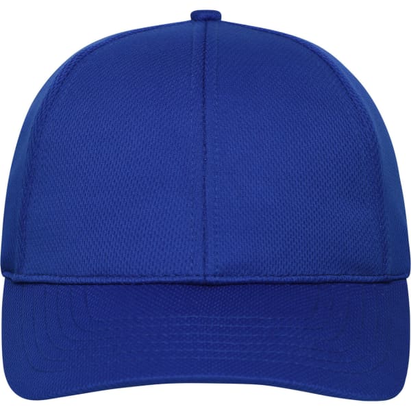 A blue 6 panel sports cap with a textured finish and a front panel featuring a logo.