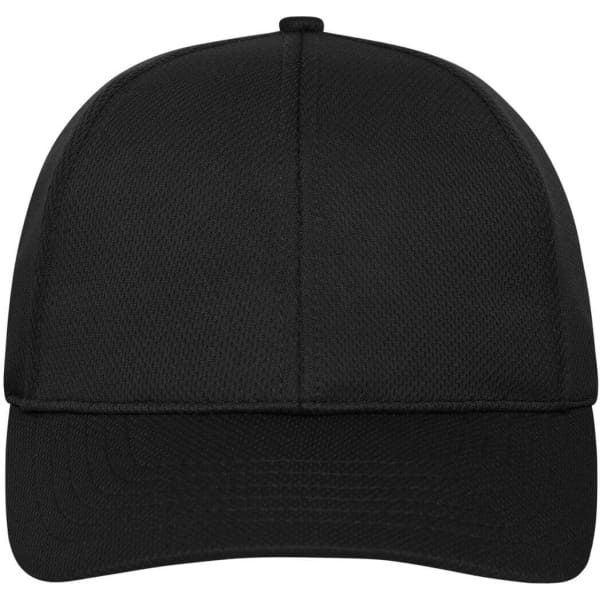 A black 6 panel sports cap with a structured front and a curved brim, featuring a logo on the front.