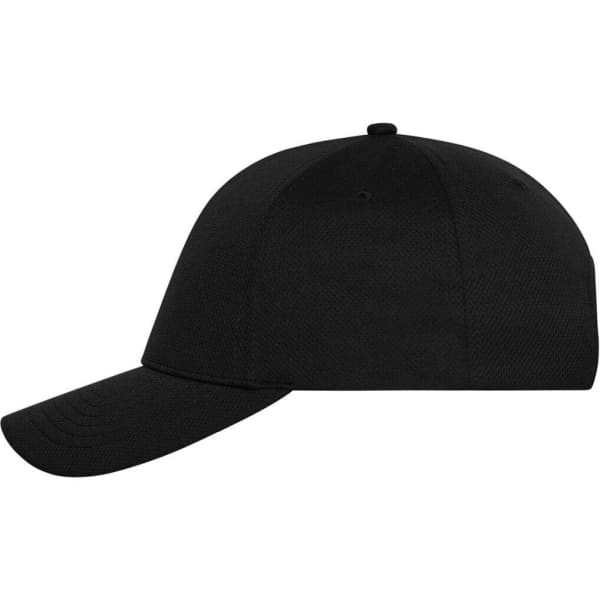 A black 6 panel sports cap featuring a curved brim and a logo on the front.