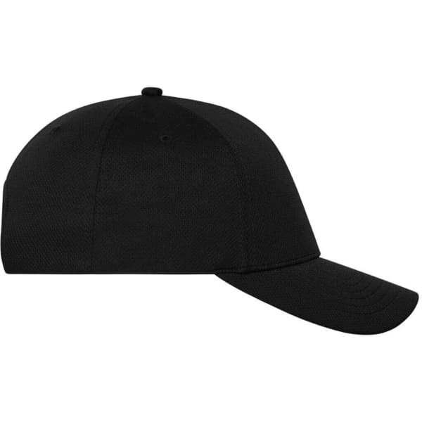 A black 6-panel sports cap with a curved brim and a logo on the front.