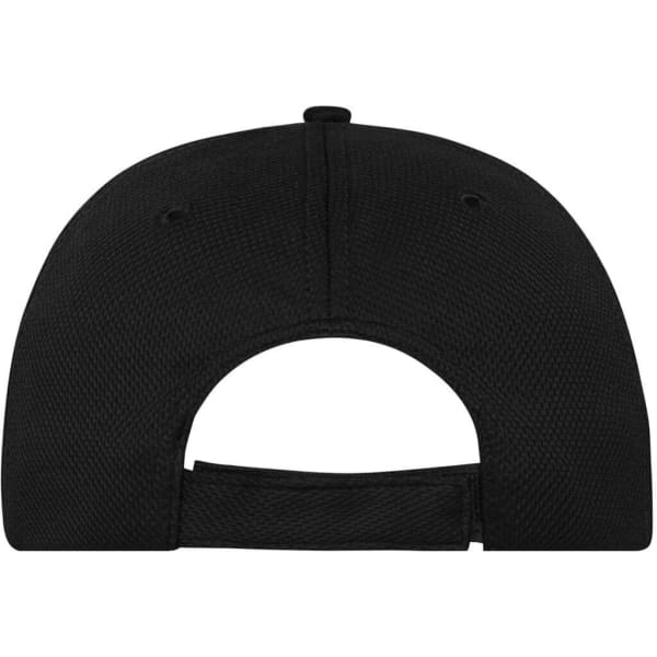 A black 6-panel sports cap featuring a structured design and an adjustable back strap.