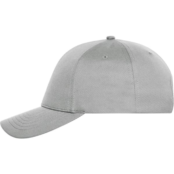 A grey 6 panel sports cap with a curved brim and a logo on the front.