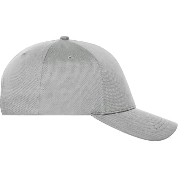 A light grey six-panel sports cap with a rounded crown and a curved brim, featuring a logo.