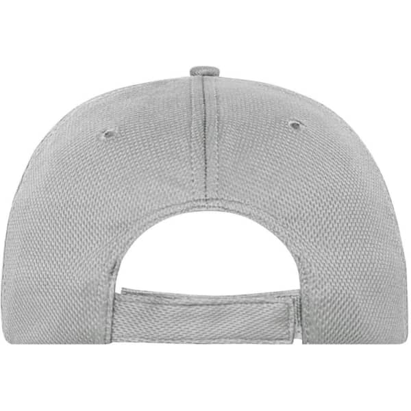 A grey 6 panel sports cap with a mesh back and an adjustable strap, featuring a logo on the side.