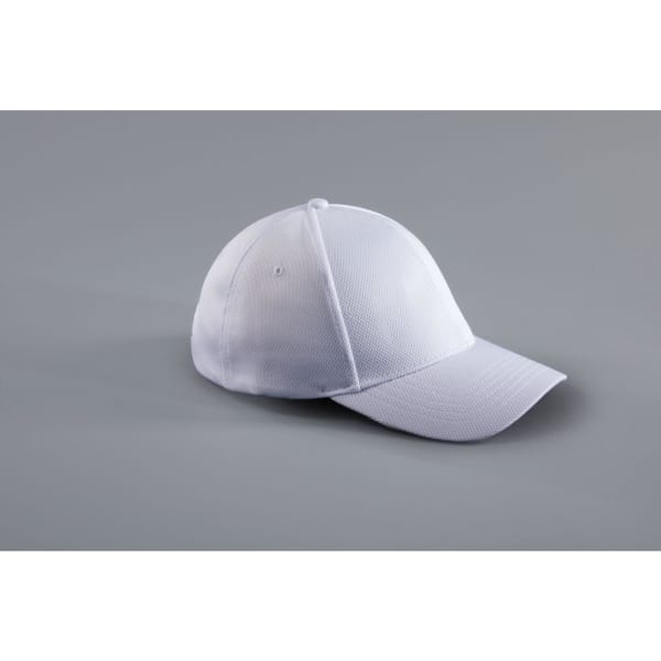 A white six-panel sports cap with a curved brim and a branding logo on one side.