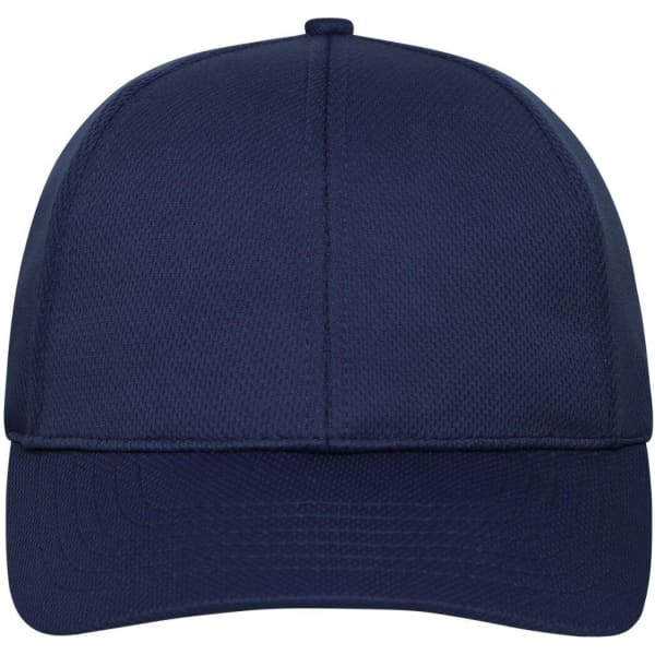A navy blue 6 panel sports cap with a structured design and a curved brim. It features a logo on the front.