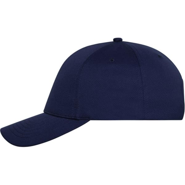 A navy blue 6 panel sports cap with a curved brim and ventilation holes, featuring a logo.