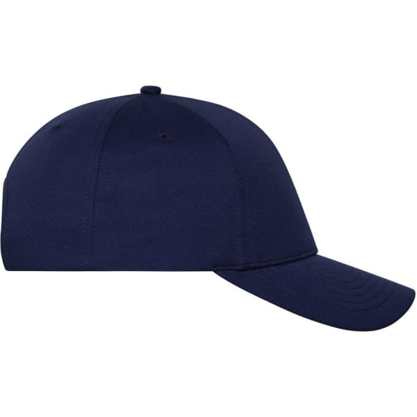 A navy blue 6-panel sports cap with a structured front and a curved brim, featuring a logo.