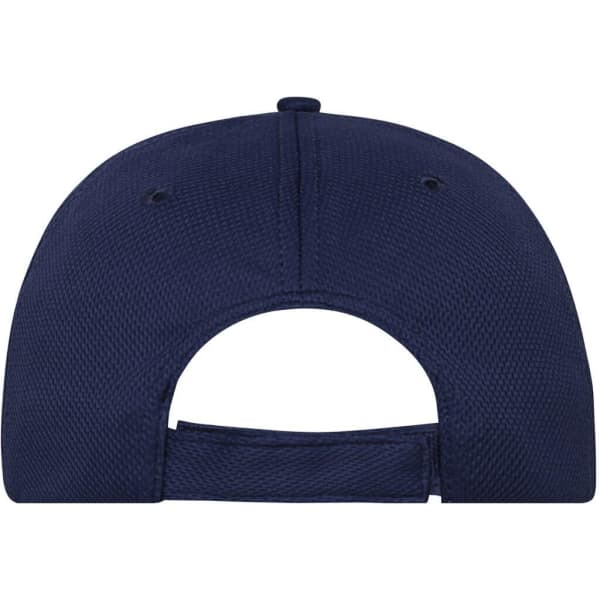 A navy blue 6 panel sports cap featuring a vented back and an adjustable strap. It has a logo on the back.