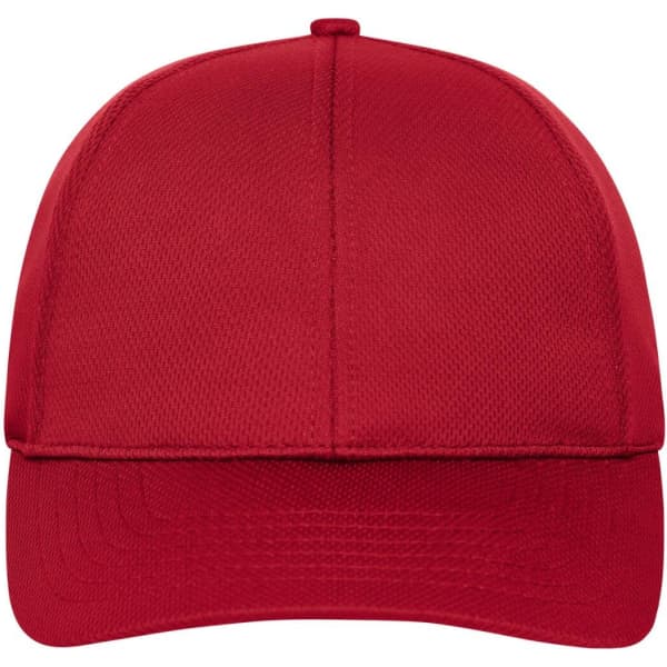 A red 6-panel sports cap with a structured front panel and a logo on the side.