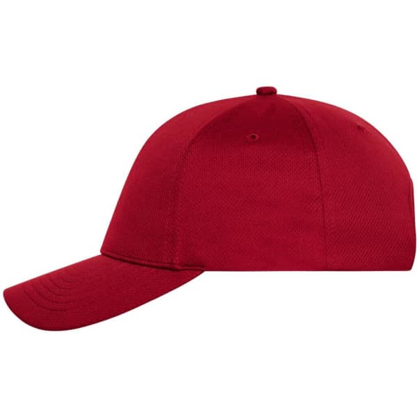 A red 6-panel sports cap with a curved brim, featuring an adjustable back and a logo.