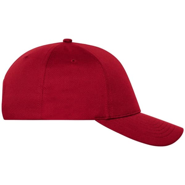 A red 6 panel sports cap featuring a curved brim and a logo on the front.
