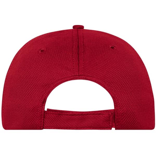 A red 6 panel sports cap featuring a structured design and an adjustable strap at the back.