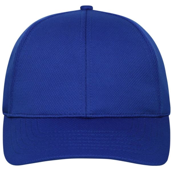 A blue 6-panel sports cap with a structured design and a solid colour finish. It features a logo on the front.