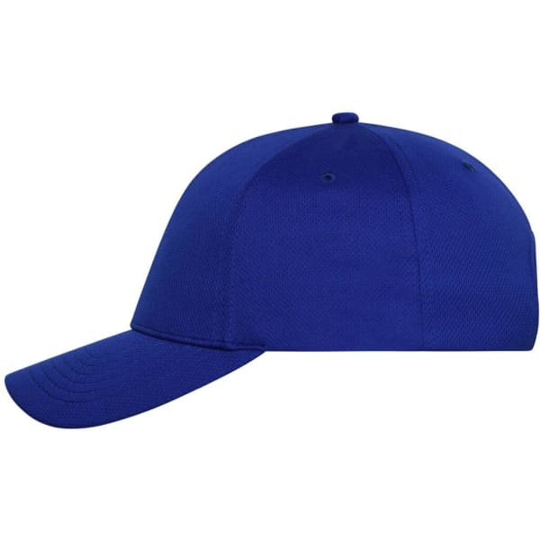 A blue 6 panel sports cap featuring a curved brim and a logo on the front.
