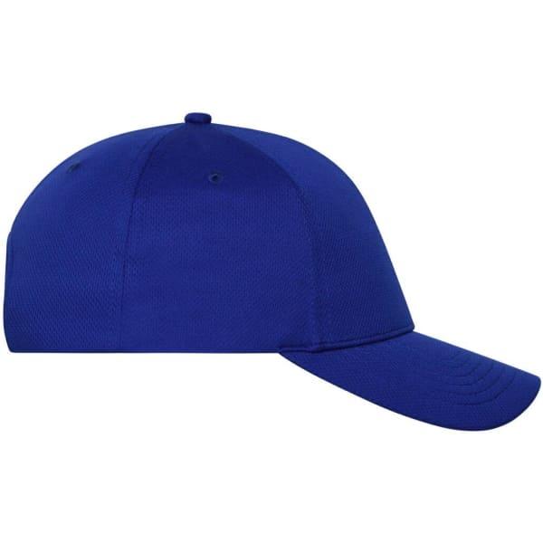 A blue 6 panel sports cap with a curved peak and a logo.