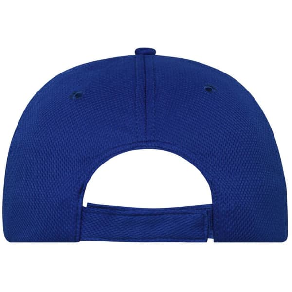 A blue 6 panel sports cap featuring a ventilation design and an adjustable rear strap.