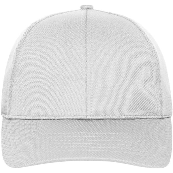 A white 6 panel sports cap featuring a logo on the front, designed for casual wear.