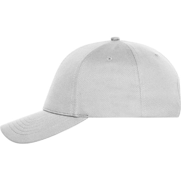 A grey six-panel sports cap with a curved peak and a logo on the front.