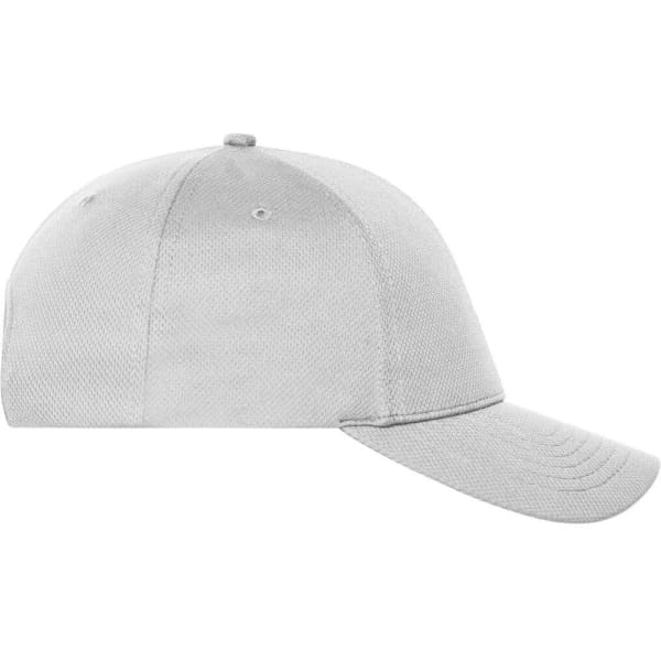 A grey 6 panel sports cap with a curved brim and ventilation holes, featuring a logo on the front.