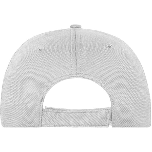 A grey 6 panel sports cap with ventilation eyelets and an adjustable strap at the back, featuring a logo.