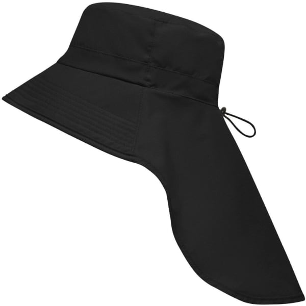 A black hat with a wide brim and an extended neck guard, featuring adjustable tie.