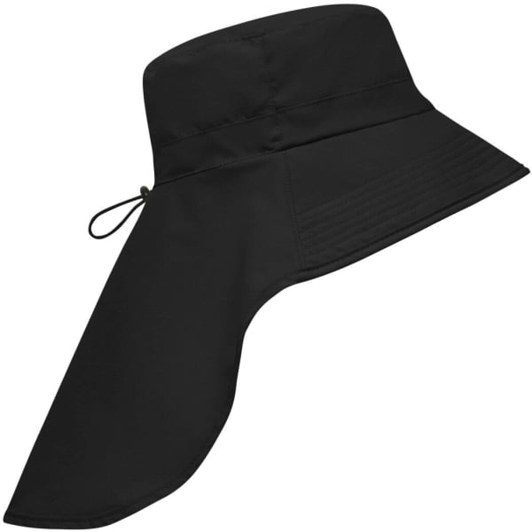 A black hat with a wide brim and a neck guard, featuring an adjustable drawstring.