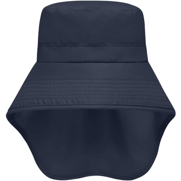A navy hat with a wide brim and neck guard, featuring a simple design and a logo.