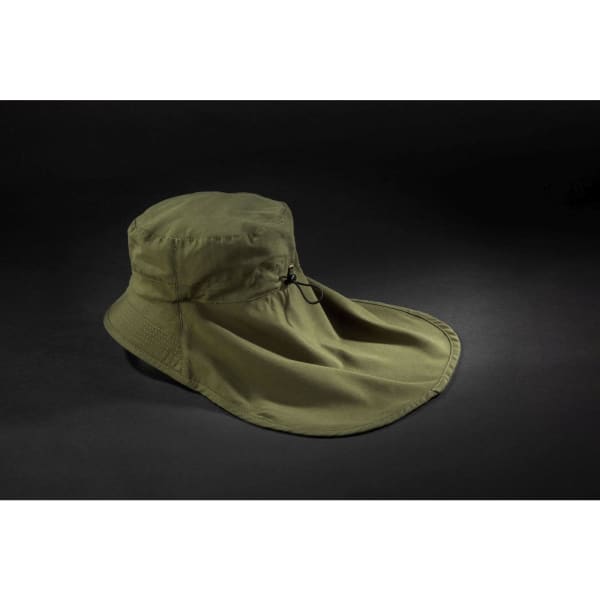 An olive green hat with a wide brim and a neck guard, featuring an adjustable drawstring and a logo.
