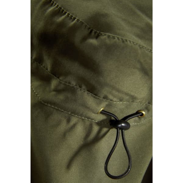 An olive green fabric with a drawstring feature, showcasing a close-up of the material's texture and stitching.