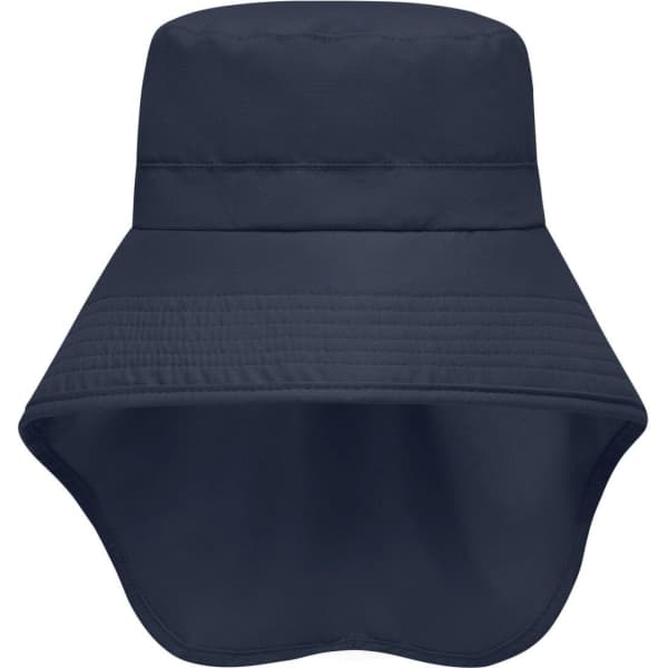 A navy hat with a wide brim and an attached neck guard, featuring a logo on the front.