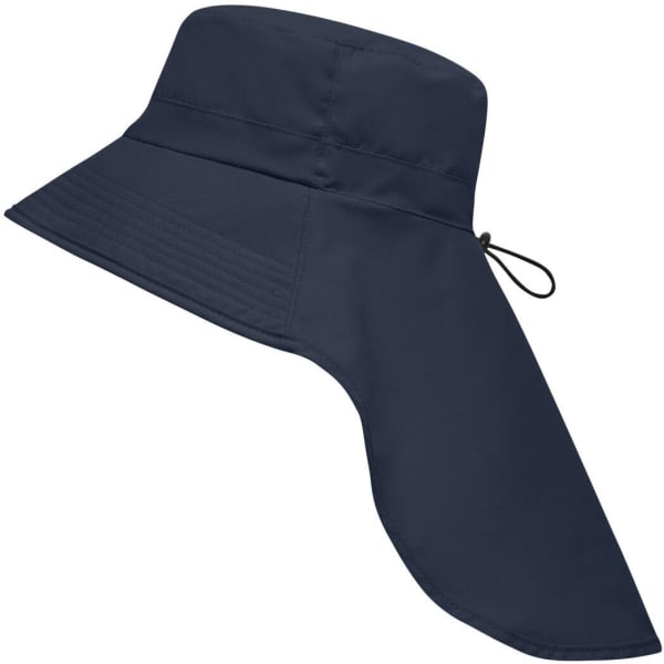 A navy blue sun hat with a wide brim and an attached neck guard, featuring an adjustable drawstring.