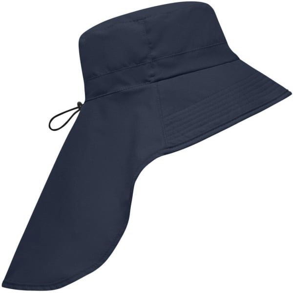 A navy blue hat with a wide brim and a long neck guard, featuring an adjustable drawstring.