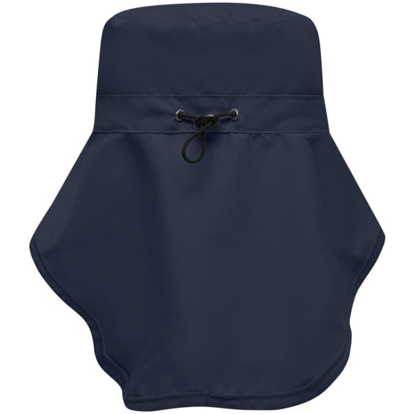 A navy blue Function Hat with a neck guard, featuring an adjustable drawstring for a secure fit and a logo.