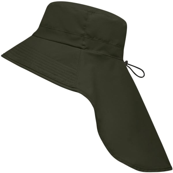 A dark green hat with a wide brim and a neck guard, featuring an adjustable drawstring and a logo.