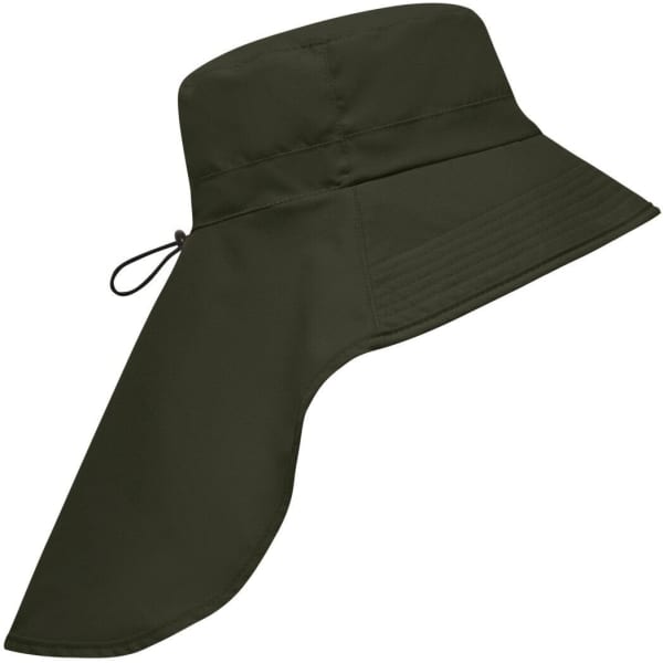 A dark green bucket hat with a large neck guard and an adjustable drawstring. Features a logo on the side.