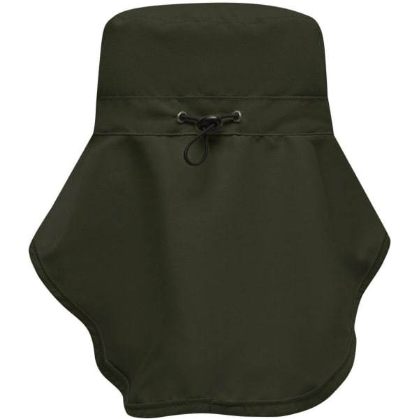 A dark green Function Hat with a neck guard, featuring an adjustable drawstring and a wide brim design.
